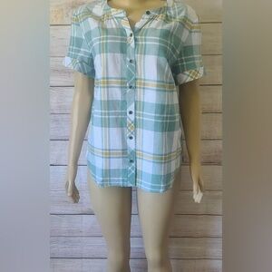 D & Co Denim  Women Plaid Multicolor V-Neck Short Sleeve Top Blouse NWT Size S